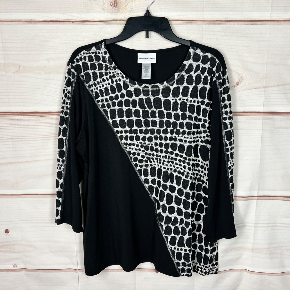 Alfred Dunner Top Womens Large Black Print Solid Mixed Blouse Knit 3/4 Sleeve